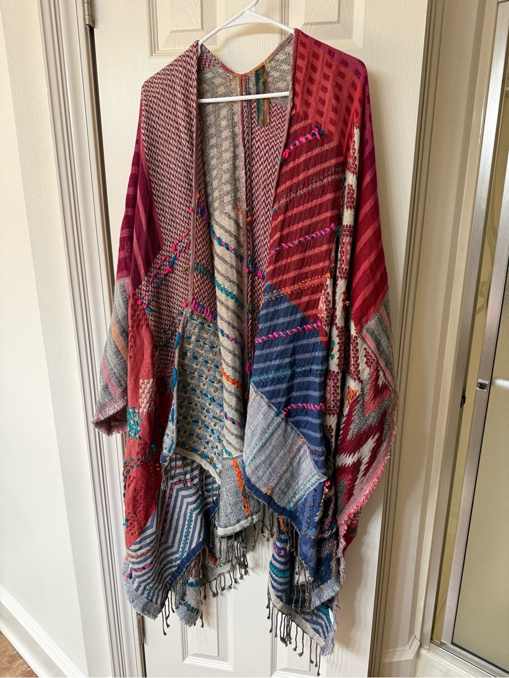 Patchwork Knit Fringe Long Cardigan - Multicolor